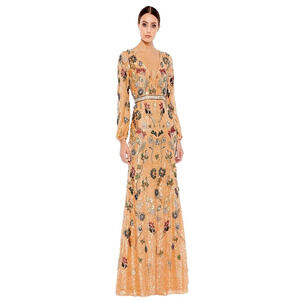 Mac Duggal 93546 Size 14 Beaded Sequin Long Bishop Sleeve Evening Dress NWT FLAW